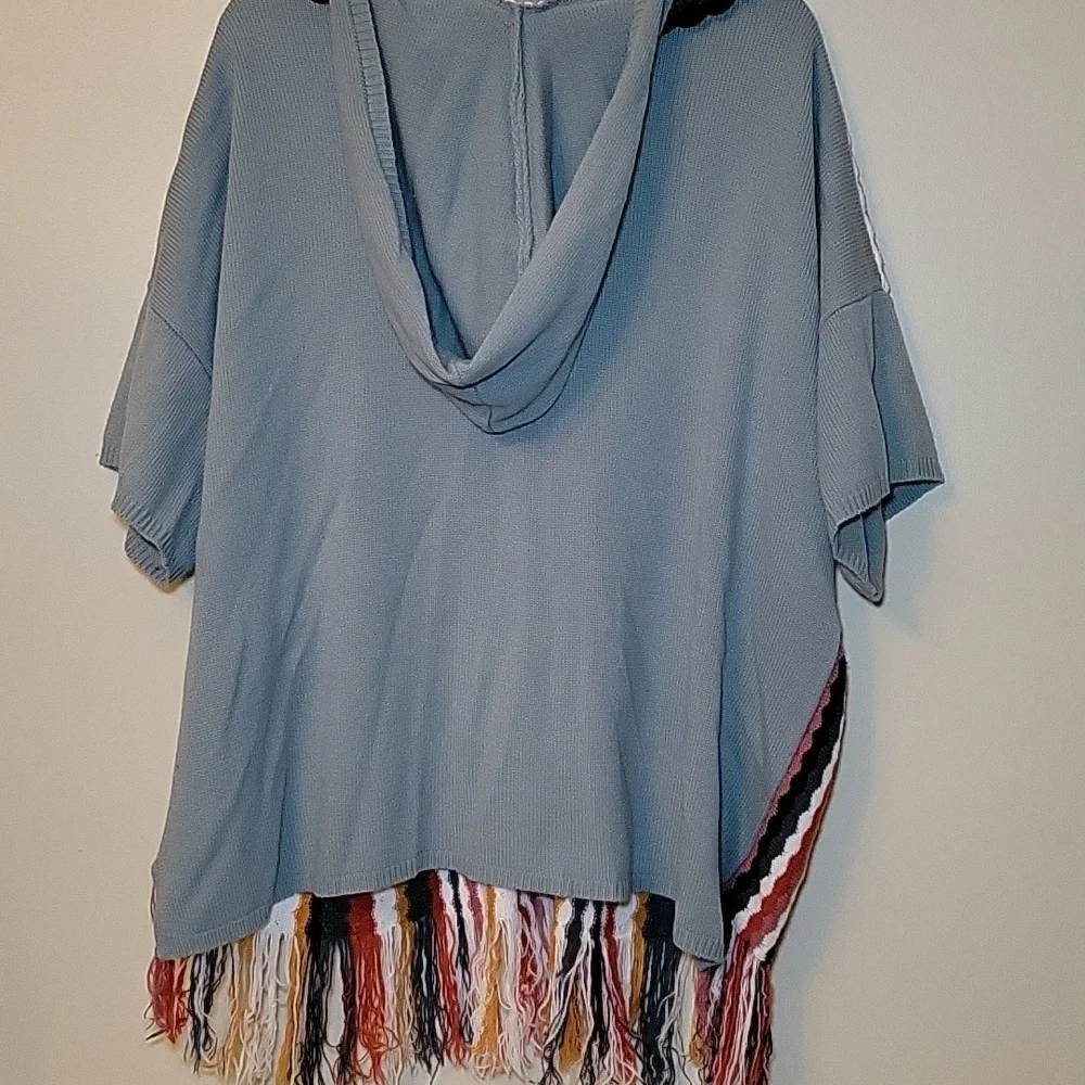 Gimmicks Womens Striped Fringed Hooded Poncho Sweater Blue Multi Size L PD123003